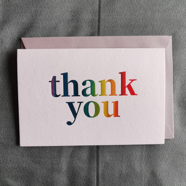 letterpress Rainbow color thank you card